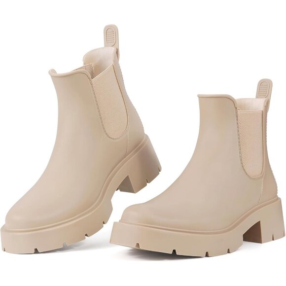 Women's Platform Nude Waterproof Chelsea Double Elastic Ankle Rain Boots - Picture 7 of 7